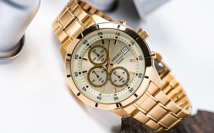 Seiko Chronograph SKS566P1 Men Champagne Dial Gold Stainless Steel Strap