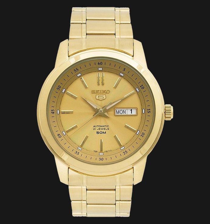 Seiko 5 Sports SNKM94K1 Automatic Gold Dial Gold Tone Stainless Steel Strap