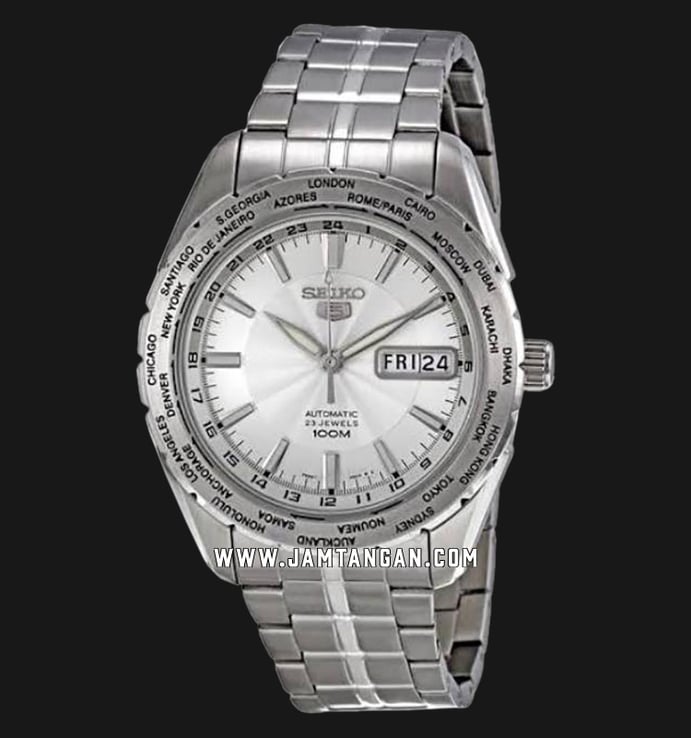 Seiko 5 SNZG51K1 World Time Automatic Silver Dial Stainless Steel Strap