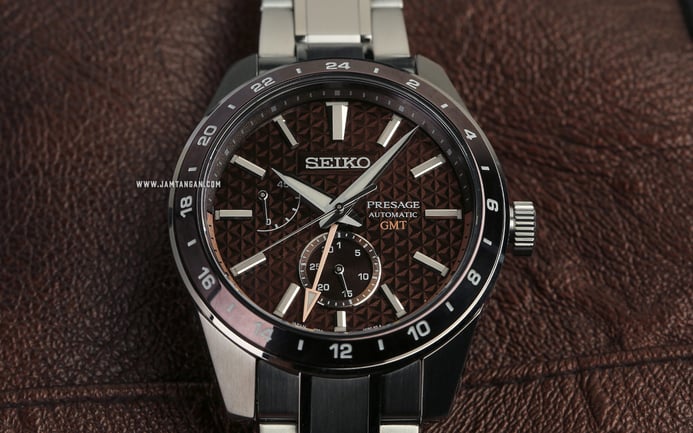Seiko Presage SPB225J1 Sharp Edged 140Th Anniversary GMT Automatic Brown Dial Stainless Steel Strap