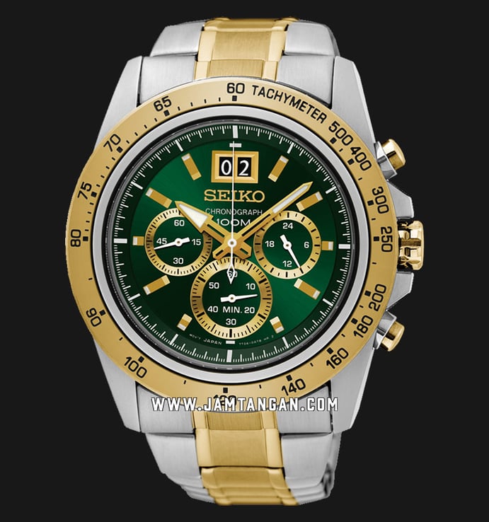 Seiko Lord SPC230P1 Chronograph Big Date Green Dial Dual Tone Stainless Steel Strap