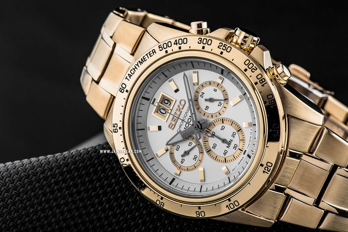 Seiko Lord SPC244P1 Discover More Chronograph Man Silver Dial Gold Stainless Steel Strap