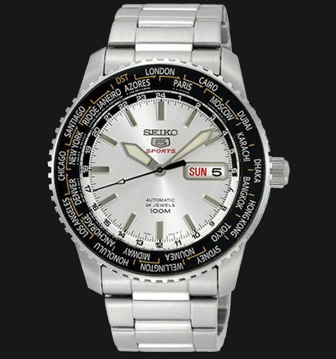 Seiko 5 Sports SRP123K1 World Time Automatic Silver Dial Stainless Steel Strap