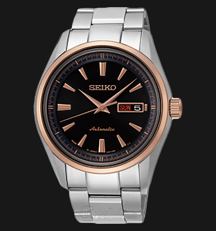 Seiko SRP534J Automatic Day Date Black Dial Rose Gold Bezel Stainless Steel