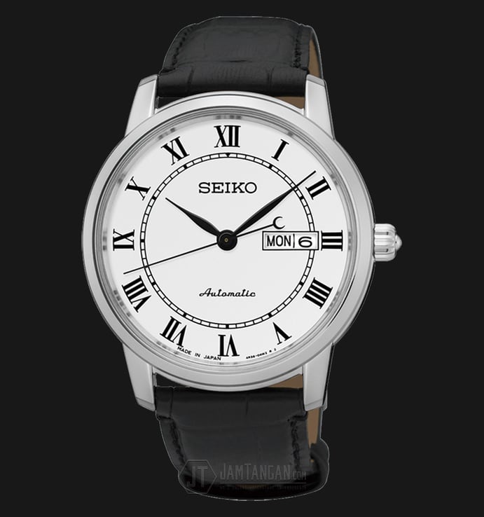 Seiko SRP761J2 Automatic Day and Date White Dial Black Leather Strap Made In Japan