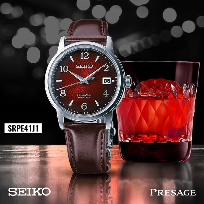 Seiko Presage SRPE41J1 Cocktail Negroni Red Dial Dark Red-Brown Leather Strap