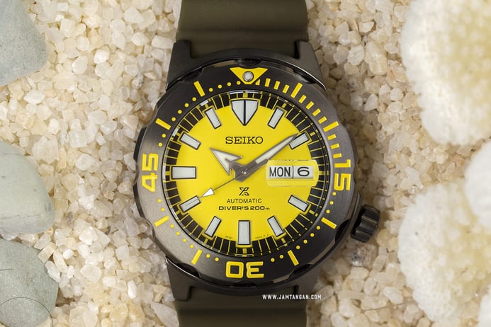 Seiko Prospex SRPF35K1 Monster Divers 200M Yellow Dial Green Rubber Strap SPECIAL EDITION