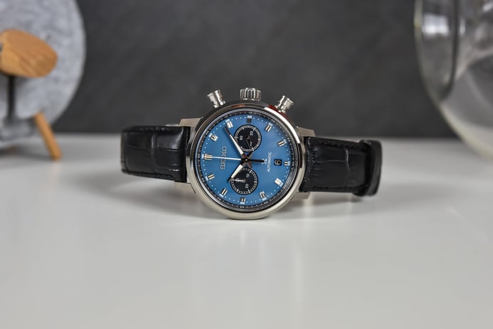 Seiko Prospex SRQ039J1 Speedtimer Mechanical Chronograph Blue Dial Black Leather Strap