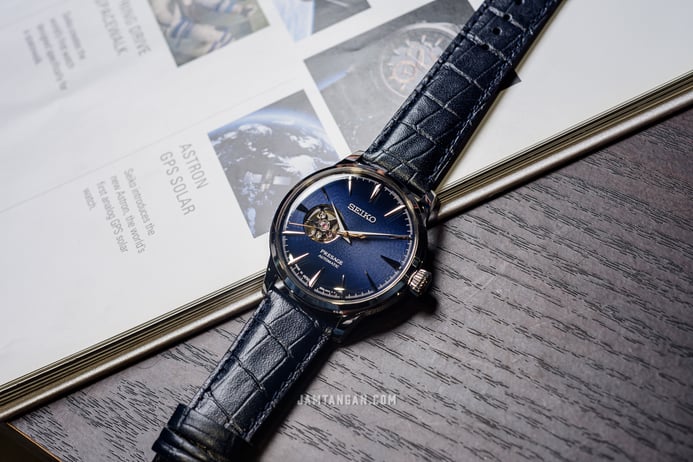 Seiko Presage SSA405J1 Cocktail Time Blue Moon Open Heart Dial Blue Leather Strap
