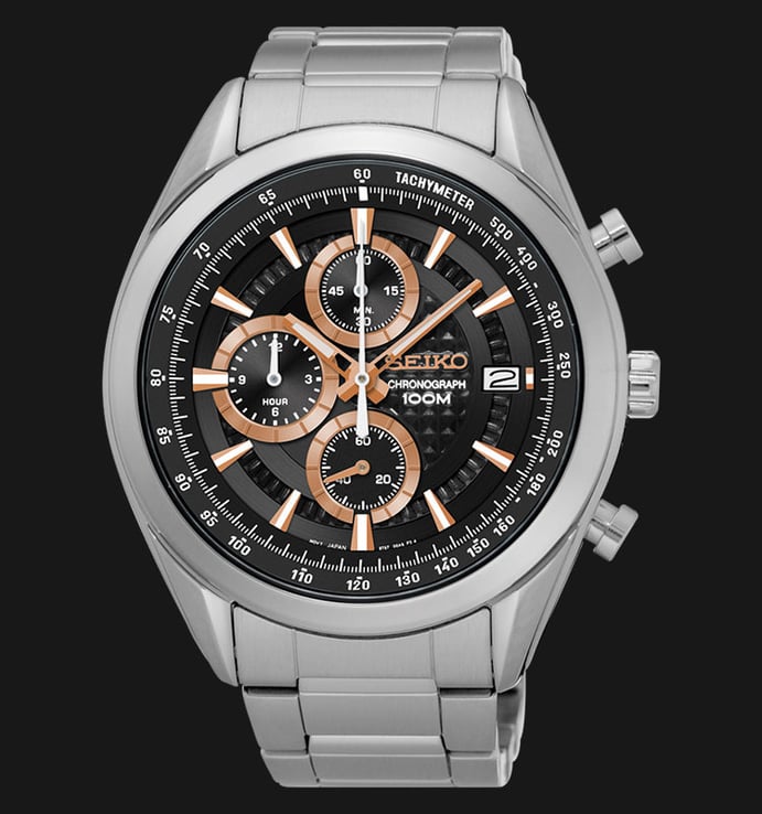 Seiko Chronograph SSB199P1 Black Dial Rose Gold Hands Stainless Steel