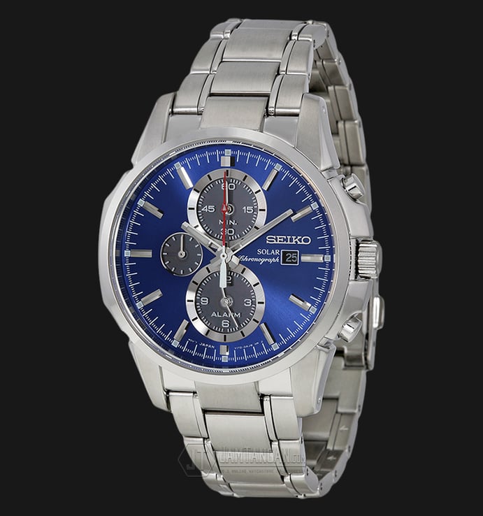 Seiko Solar Chronograph SSC085P1 Dual Time Blue Dial Silver Bracelet Watch