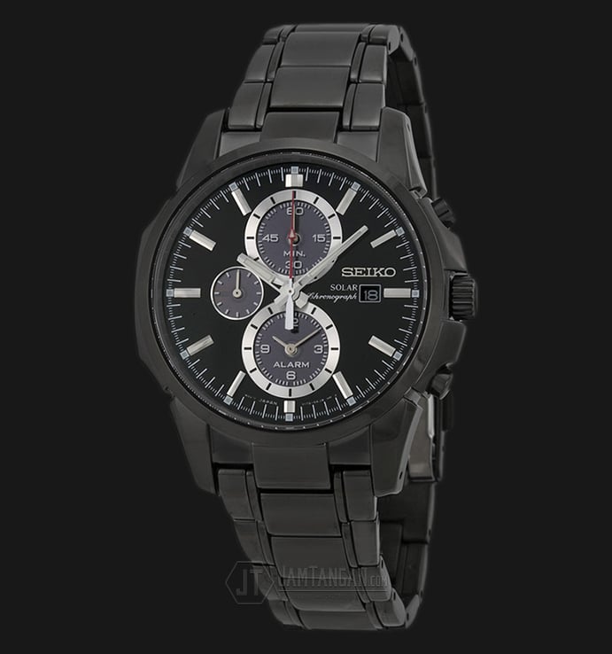 Seiko Solar Chronograph SSC095P1 Dual Time Black Dial Black Bracelet Watch