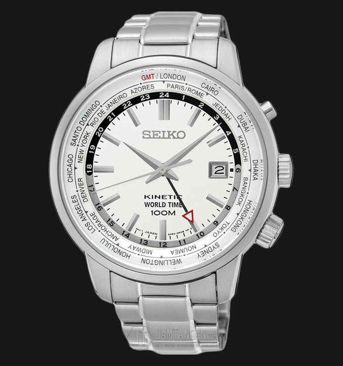Seiko Kinetic SUN067P1 World Time White Dial Stainless Steel Bracelet