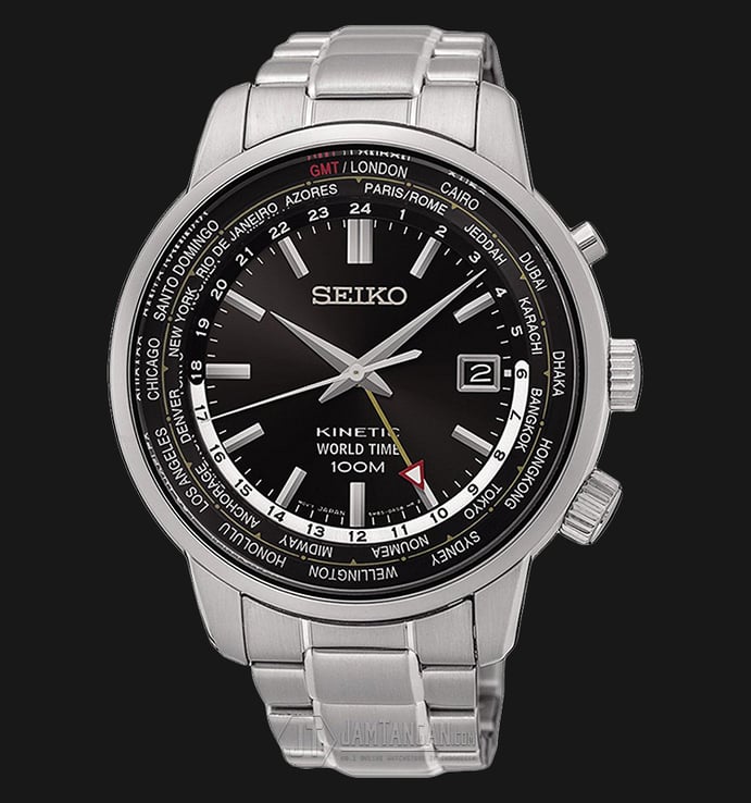 Seiko Kinetic SUN069P1 World Time Black Dial Stainless Steel Bracelet