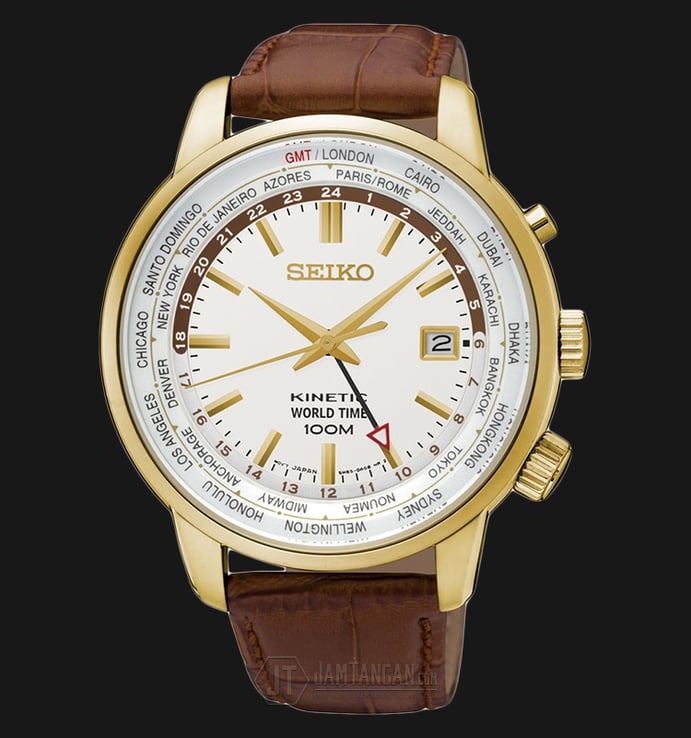 Seiko Kinetic SUN070P1 World Time White Dial Brown Leather Strap