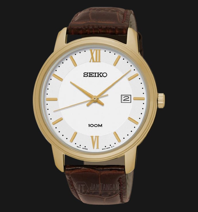 Seiko Classic SUR202P1 White Dial Date Display Brown Genuine Leather Band