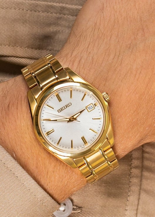 Seiko Classic SUR314P1 Discover More White Dial Gold Stainless Steel Strap