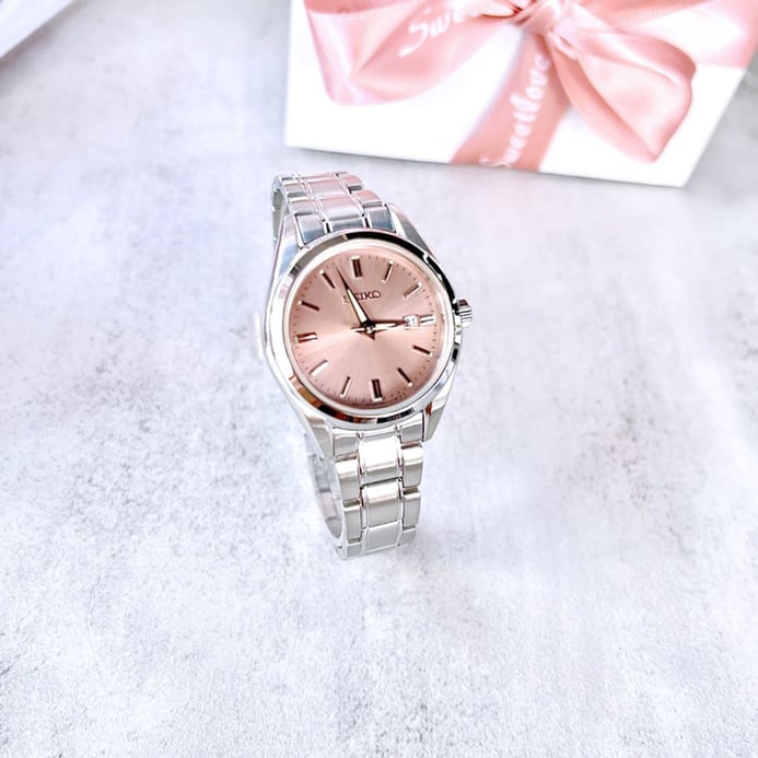 Seiko Ladies SUR529P1 Discover More Pink Salmon Dial Stainless Steel Strap