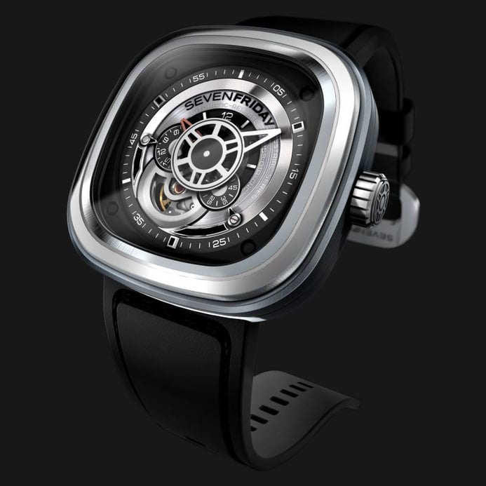 SEVENFRIDAY P1-1 Silver - Industrial Essence Dual Tone Dial Black Leather Strap