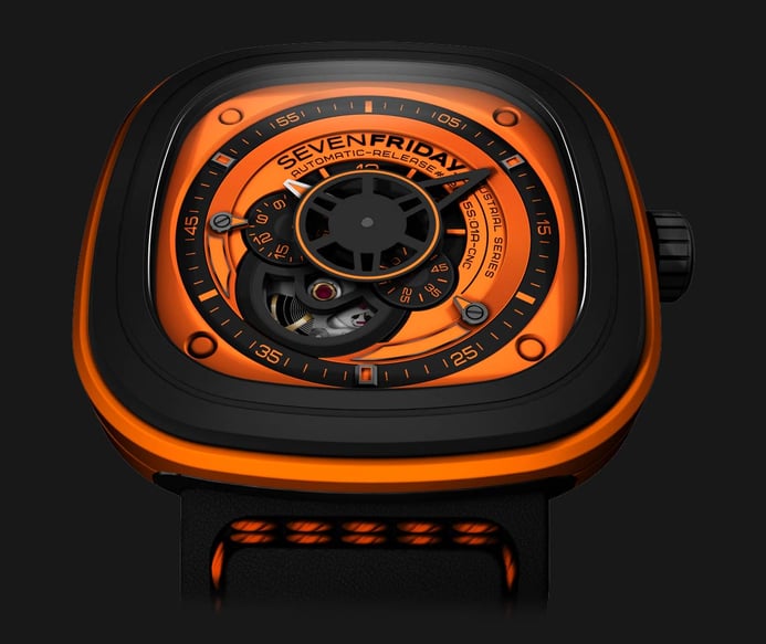 SEVENFRIDAY P1-3 Orange - Industrial Essence Orange Dial Black Leather Strap