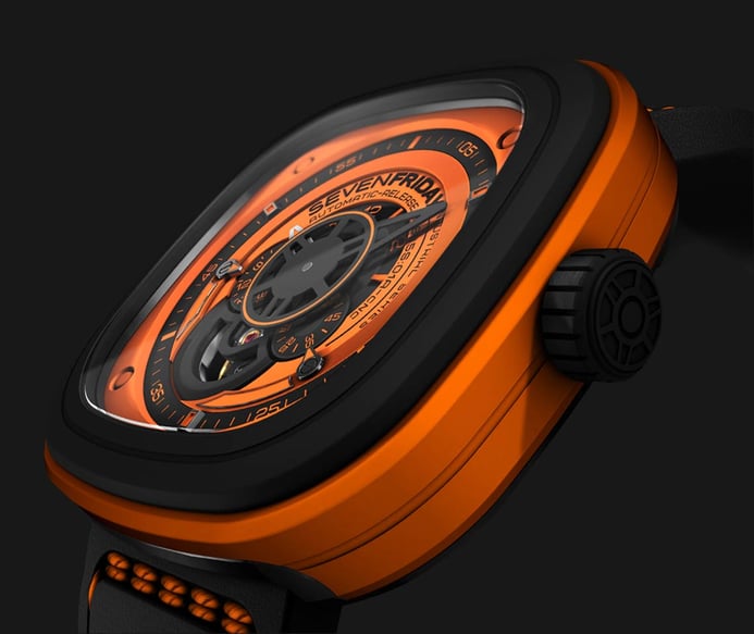 SEVENFRIDAY P1-3 Orange - Industrial Essence Orange Dial Black Leather Strap