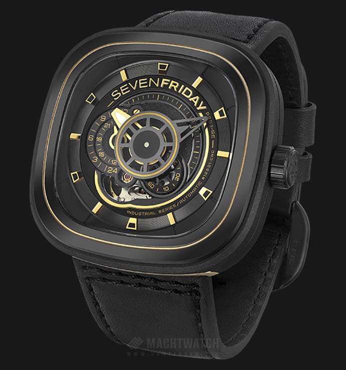 SEVENFRIDAY P-Series P2B/02 Industrial Revolution Automatic Black Leather Strap