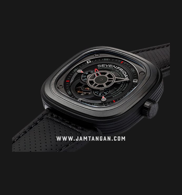 SEVENFRIDAY P-Series P3/04 Wall Of Fame Automatic Black Dial Black Leather Strap
