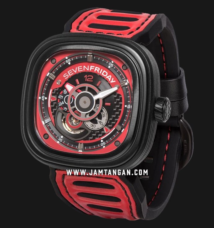 SEVENFRIDAY P3B/06 P-Series Engine Racing Team Red Automatic Dual Color Leather Strap