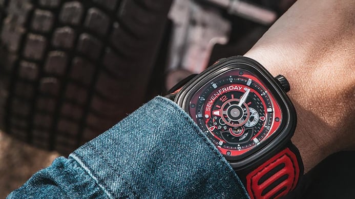 SEVENFRIDAY P-Series P3C/04 Automatic Dual Tone Dial Red Canvas Strap
