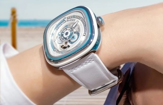 SEVENFRIDAY P-Series P3C/10 Automatic White Blue Dial White Leather Strap