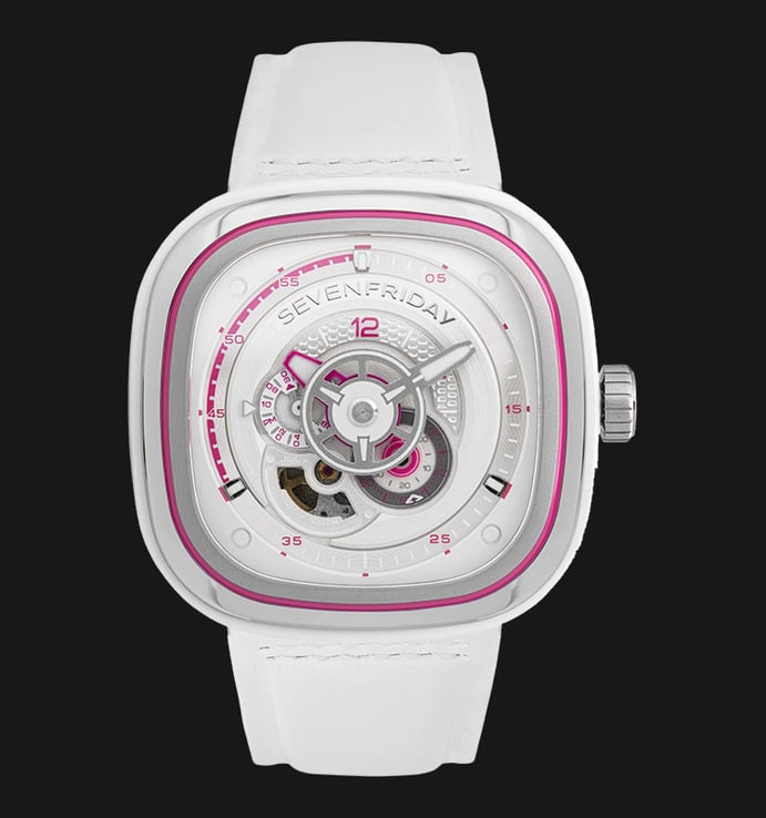 SEVENFRIDAY P-Series P3C/12 Automatic White Pink Dial White Leather Strap