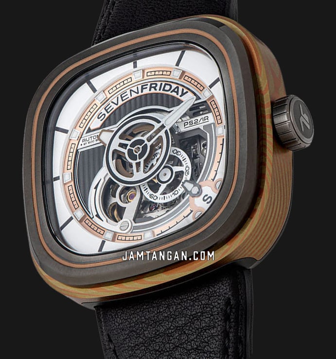 SEVENFRIDAY P-Series PS2/02 Cuxedo Automatic Semi Skeleton Dial Black Leather Strap