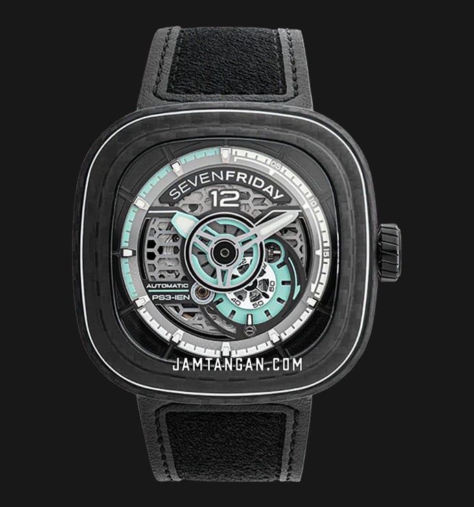 SEVENFRIDAY P-Series PS3/01 Jade Carbon Automatic Semi Skeleton Dial Black Leather Strap