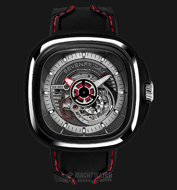 SEVENFRIDAY S3/01 Series Automatic Black Silicone Strap with Red Stitching