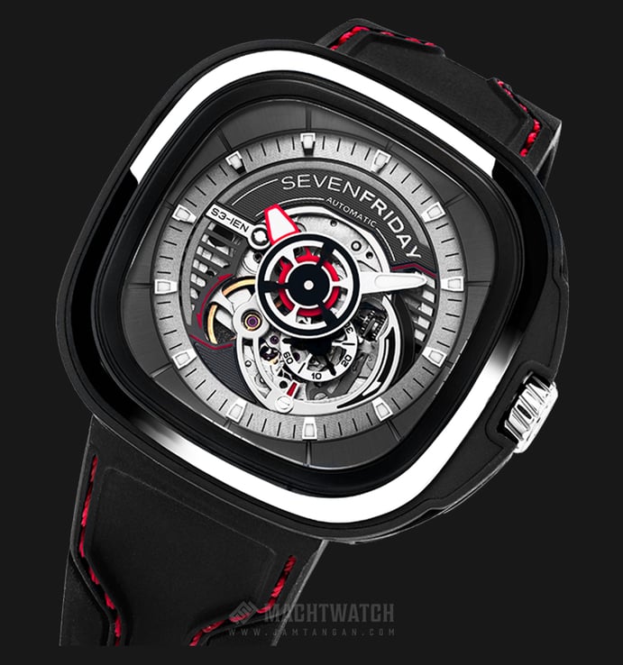 SEVENFRIDAY S3/01 Series Automatic Black Silicone Strap with Red Stitching