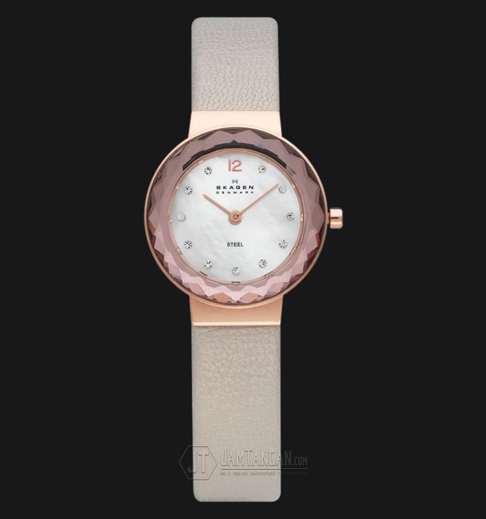 Skagen 456SRLT Leonora Pearl Dial Cream Leather Strap Watch