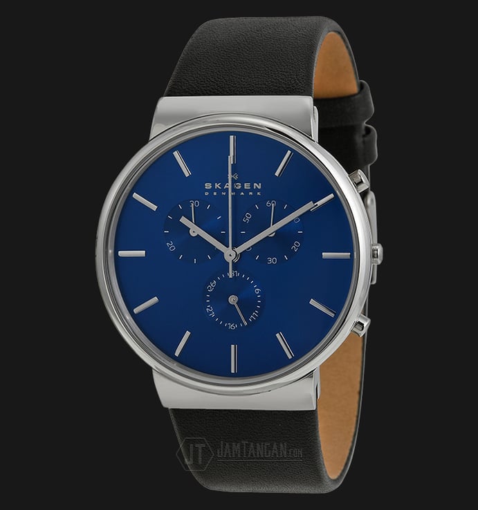 Skagen SKW6105 Ancher Chronograph Blue Dial Black Leather Strap Watch