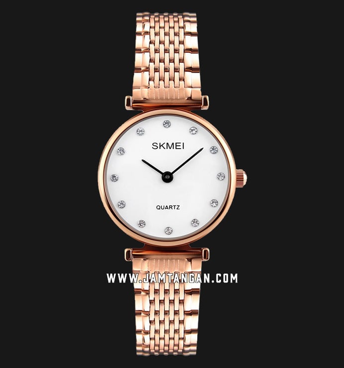 SKMEI 1223RGWT Ladies White Dial Rose Gold Stainless Steel Strap