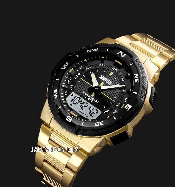 SKMEI 1370GD Digital Analog Dial Gold Stainless Steel Strap