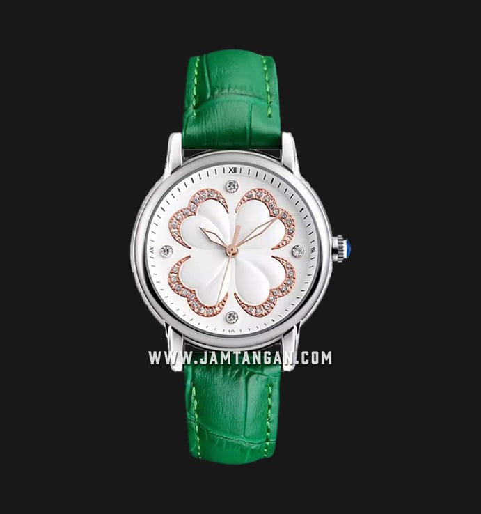 SKMEI 9159GN Ladies White Dial Green Leather Strap