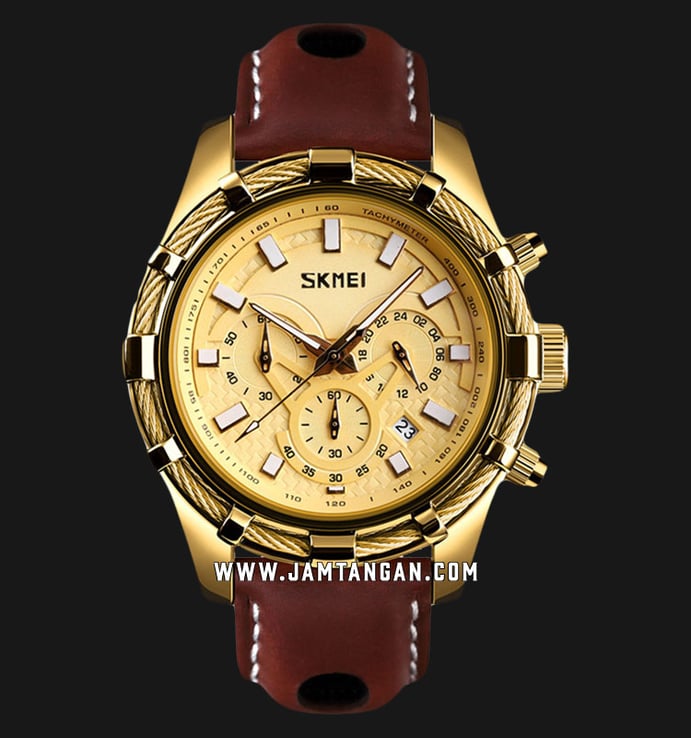 SKMEI 9189GD Men Gold Dial Brown Leather Strap