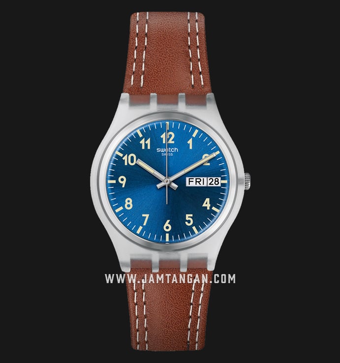 Swatch Originals GE709 Windy Dune Blue Dial Brown Leather Strap