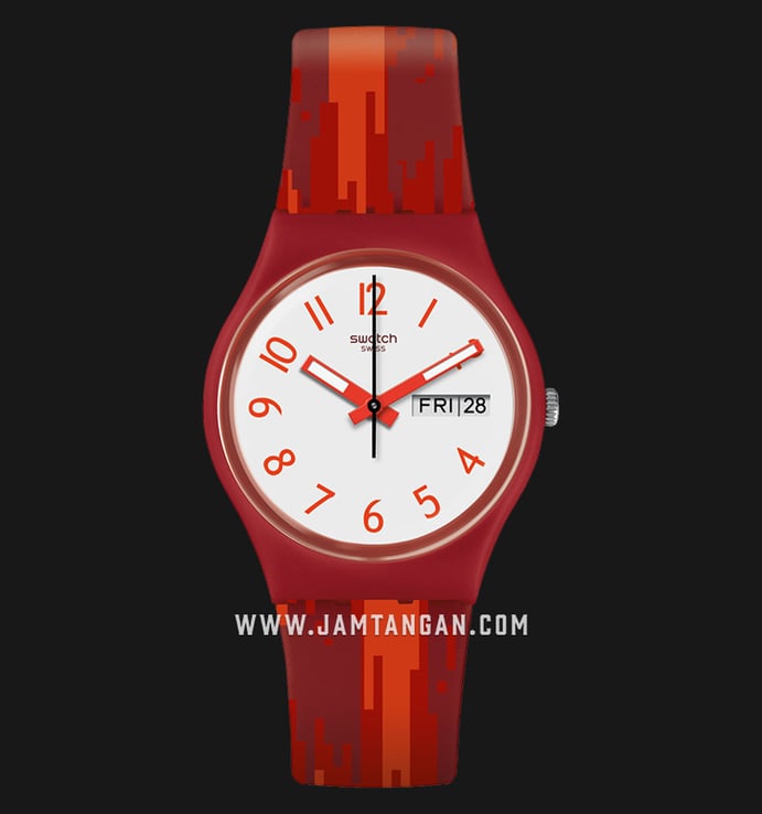Swatch GR711 Red Flame Ladies White Dial Red Rubber Strap