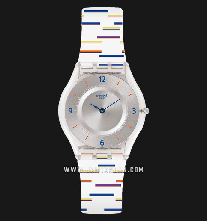 Swatch Skin SFE108 Thin Liner Silver Dial White Motif Rubber Strap