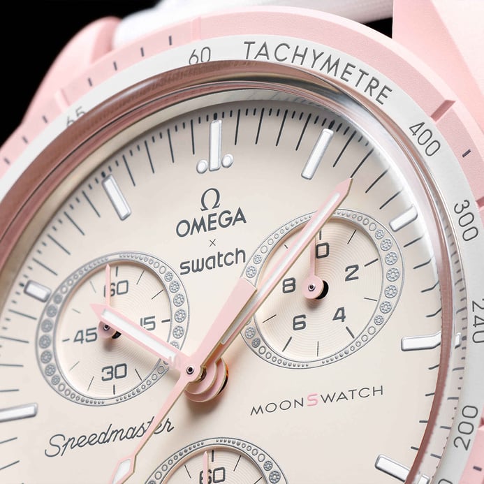 Swatch X Omega Bioceramic Moonswatch SO33P100 Speedmaster Light Pink Dial White Velcro Strap
