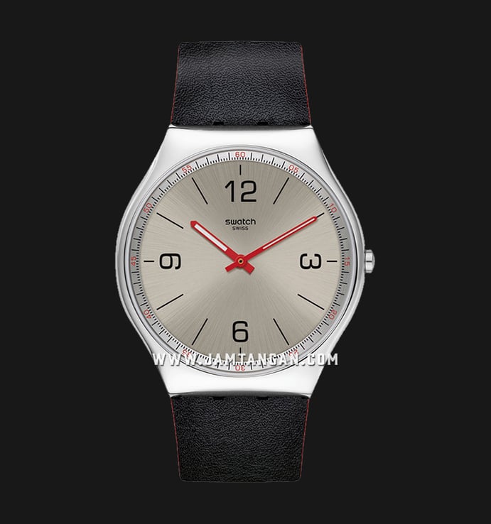 Swatch Skinmetal SS07S104 Men Silver Colored Sun Brushed Dial Black Leather Strap