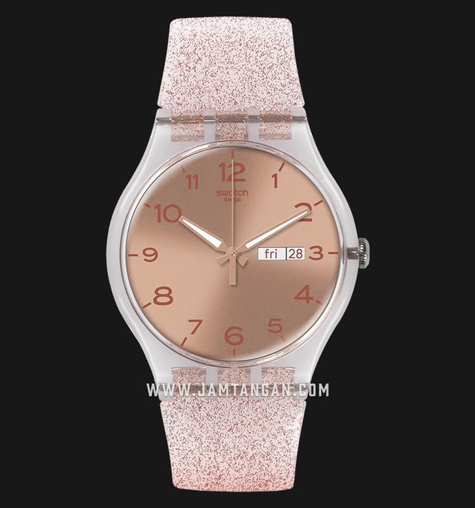 Swatch SUOK703 Pink Glistar Rose Gold Dial Semi Transparent Pink Glitter Silicone Strap