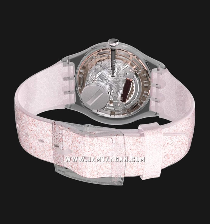 Swatch SUOK703 Pink Glistar Rose Gold Dial Semi Transparent Pink Glitter Silicone Strap