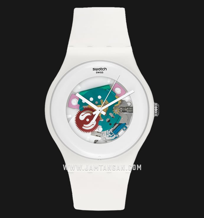Swatch New Gent Lacquered SUOW100 White Lacquered Skeleton Dial White Silicone Strap