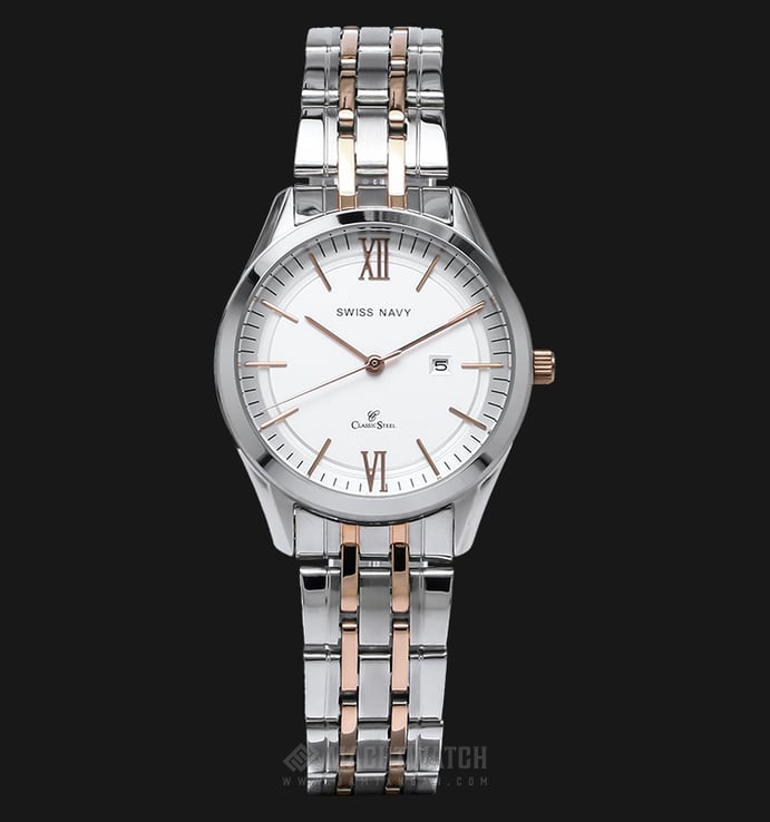 SWISS NAVY 6813LTGRGWH Ladies White Dial Dual Tone Stainless Steel